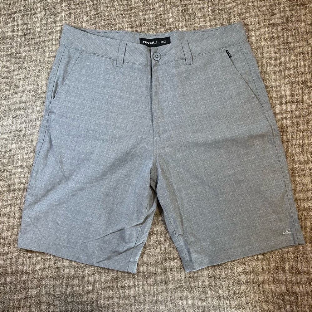 Oneill Men's Chino Shorts Size 34 Gray Plaid Flat Front Casual Short EUC